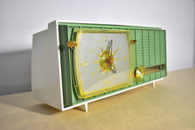 Load image into Gallery viewer, Peapod Green and White Retro Jetsons Vintage 1957 RCA Victor Model 1-C-3HE AM Vacuum Tube Radio Looks and Sounds Fantastic!