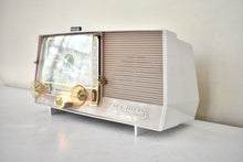 Load image into Gallery viewer, Beige Pink and White 1959 RCA Victor Model 1-C-5KE Vacuum Tube AM Clock Radio Beautiful Design and Sounds Fabulous!