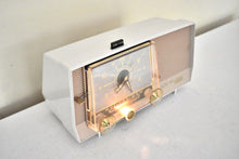 Load image into Gallery viewer, Beige Pink and White 1959 RCA Victor Model 1-C-5KE Vacuum Tube AM Clock Radio Beautiful Design and Sounds Fabulous!