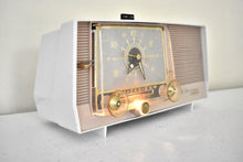 Load image into Gallery viewer, Beige Pink and White 1959 RCA Victor Model 1-C-5KE Vacuum Tube AM Clock Radio Beautiful Design and Sounds Fabulous!