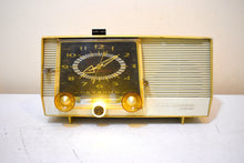 Load image into Gallery viewer, Honey Beige 1957 RCA Victor C-4EM Vacuum Tube AM Clock Radio Works Great! Looks So MCM!