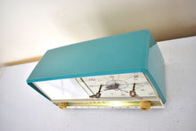 Load image into Gallery viewer, Monterey Turquoise 1956 RCA Victor Model 8-C-7LE Vacuum Tube AM Alarm Clock Radio Excellent Condition Sounds Great!