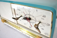 Load image into Gallery viewer, Monterey Turquoise 1956 RCA Victor Model 8-C-7LE Vacuum Tube AM Alarm Clock Radio Excellent Condition Sounds Great!