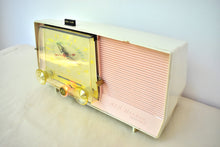 Load image into Gallery viewer, Carnation Pink and White 1959 RCA Victor Model C-4FE Vacuum Tube AM Clock Radio Beautiful Design and Sounds Fabulous!