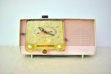 Load image into Gallery viewer, Carnation Pink and White 1959 RCA Victor Model C-4FE Vacuum Tube AM Clock Radio Beautiful Design and Sounds Fabulous!