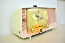 Load image into Gallery viewer, Carnation Pink and White 1959 RCA Victor Model C-4FE Vacuum Tube AM Clock Radio Beautiful Design and Sounds Fabulous!