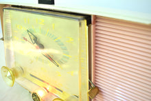Load image into Gallery viewer, Carnation Pink and White 1959 RCA Victor Model C-4FE Vacuum Tube AM Clock Radio Beautiful Design and Sounds Fabulous!
