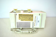 Load image into Gallery viewer, Carnation Pink and White 1959 RCA Victor Model C-4FE Vacuum Tube AM Clock Radio Beautiful Design and Sounds Fabulous!