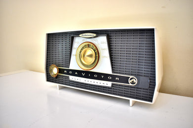 Charcoal and White 1957 RCA Model X-4JE Vacuum Tube AM Radio Works Great Dual Speaker Sound!