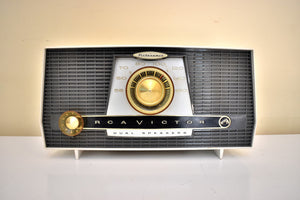 Charcoal and White 1957 RCA Model X-4JE Vacuum Tube AM Radio Works Great Dual Speaker Sound!