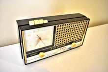 Load image into Gallery viewer, Regency Black Gold 1957 Sylvania Model 1322 Vacuum Tube AM Clock Radio Alarm Excellent Condition! Top-of-Line Model! Flashy!