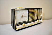 Load image into Gallery viewer, Regency Black Gold 1957 Sylvania Model 1322 Vacuum Tube AM Clock Radio Alarm Excellent Condition! Top-of-Line Model! Flashy!