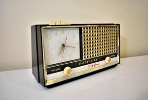 Regency Black Gold 1957 Sylvania Model 1322 Vacuum Tube AM Clock Radio Alarm Excellent Condition! Top-of-Line Model! Flashy!