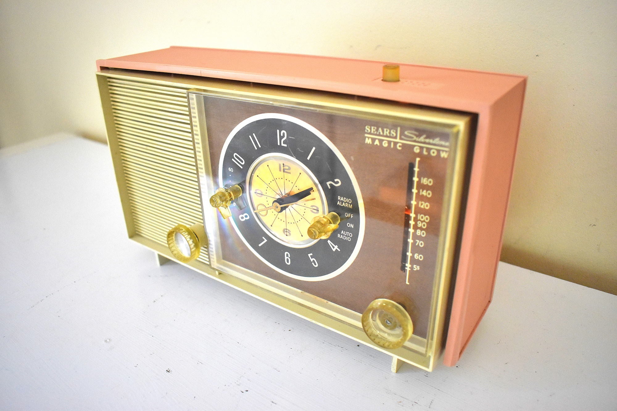 Peony Pink and Ivory 1964 Silvertone Model 5039 'Magic Glow' AM Vacuum Tube  Alarm Clock Radio Looks Great Sounds Marvelous! Rare Working Clock Light!