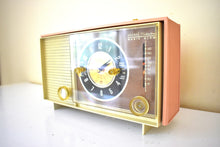 Load image into Gallery viewer, Peony Pink and Ivory 1964 Silvertone Model 5039 &#39;Magic Glow&#39; AM Vacuum Tube Alarm Clock Radio Looks Great Sounds Marvelous! Rare Working Clock Light!