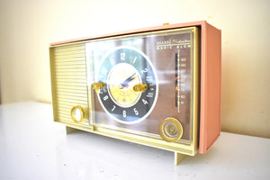 Peony Pink and Ivory 1964 Silvertone Model 5039 'Magic Glow' AM Vacuum Tube Alarm Clock Radio Looks Great Sounds Marvelous! Rare Working Clock Light!