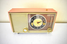 Load image into Gallery viewer, Peony Pink and Ivory 1964 Silvertone Model 5039 &#39;Magic Glow&#39; AM Vacuum Tube Alarm Clock Radio Looks Great Sounds Marvelous! Rare Working Clock Light!