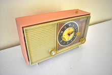 Load image into Gallery viewer, Peony Pink and Ivory 1964 Silvertone Model 5039 &#39;Magic Glow&#39; AM Vacuum Tube Alarm Clock Radio Looks Great Sounds Marvelous! Rare Working Clock Light!