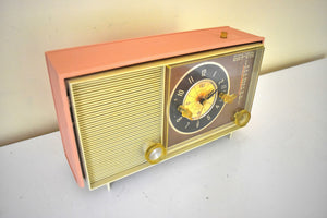 Peony Pink and Ivory 1964 Silvertone Model 5039 'Magic Glow' AM Vacuum Tube Alarm Clock Radio Looks Great Sounds Marvelous! Rare Working Clock Light!