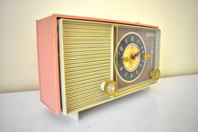 Load image into Gallery viewer, Peony Pink and Ivory 1964 Silvertone Model 5039 &#39;Magic Glow&#39; AM Vacuum Tube Alarm Clock Radio Looks Great Sounds Marvelous! Rare Working Clock Light!