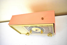 Load image into Gallery viewer, Peony Pink and Ivory 1964 Silvertone Model 5039 &#39;Magic Glow&#39; AM Vacuum Tube Alarm Clock Radio Looks Great Sounds Marvelous! Rare Working Clock Light!