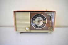 Load image into Gallery viewer, Peony Pink and Ivory 1964 Silvertone Model 5039 &#39;Magic Glow&#39; AM Vacuum Tube Alarm Clock Radio Looks Great Sounds Marvelous! Rare Working Clock Light!