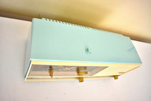 Load image into Gallery viewer, Sky Blue Turquoise Mid Century Vintage 1959 Wards Airline Unknown Model AM Vacuum Tube Alarm Clock Radio Works Great! Excellent Plus Condition!