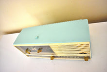 Load image into Gallery viewer, Sky Blue Turquoise Mid Century Vintage 1959 Wards Airline Unknown Model AM Vacuum Tube Alarm Clock Radio Works Great! Excellent Plus Condition!