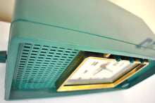 Load image into Gallery viewer, Sherwood Green Mid Century Vintage 1959 Sylvania Model 598 AM Vacuum Tube Alarm Clock Radio Rare Working Panelescent Clock Display! Excellent Condition!