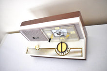 Charger l&#39;image dans la galerie, Lavender Mauve Tan 1960 Sylvania Model 5C12 Vacuum Tube AM Clock Radio Alarm Excellent Condition! Very Unique Profile and Color!