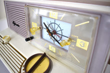 Load image into Gallery viewer, Lavender Mauve Tan 1960 Sylvania Model 5C12 Vacuum Tube AM Clock Radio Alarm Excellent Condition! Very Unique Profile and Color!