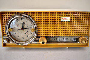 Harvest Gold 1959 Travler Model 59C22 AM Vacuum Tube Alarm Clock Radio Sounds Great! Excellent Condition with Rare Working Clock Light!