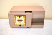 Load image into Gallery viewer, Mauve Taupe Beige Bakelite 1948 Telechron Model 8H67 Vacuum Tube AM Radio Alarm Clock Excellent Condition! Sounds Great! Piece Of History!