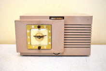 Load image into Gallery viewer, Mauve Taupe Beige Bakelite 1948 Telechron Model 8H67 Vacuum Tube AM Radio Alarm Clock Excellent Condition! Sounds Great! Piece Of History!