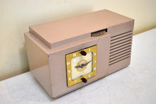 Load image into Gallery viewer, Mauve Taupe Beige Bakelite 1948 Telechron Model 8H67 Vacuum Tube AM Radio Alarm Clock Excellent Condition! Sounds Great! Piece Of History!