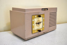 Load image into Gallery viewer, Mauve Taupe Beige Bakelite 1948 Telechron Model 8H67 Vacuum Tube AM Radio Alarm Clock Excellent Condition! Sounds Great! Piece Of History!