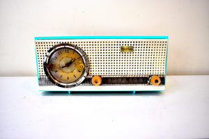 チャルフォンテ ブルー ターコイズ 1959 Truetone D-2801 真空管 AM クロック ラジオ 素晴らしい状態です。ステラーですね！