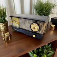 Load image into Gallery viewer, Charcoal Houndstooth 1958 Arvin Model 5572 AM Vacuum Tube Clock Radio Sounds and Looks Terrific!