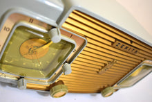 Load image into Gallery viewer, Gull Gray 1953 Zenith Model K622 Vacuum Tube Radio Alarm Clock Looks and Sounds Great! Excellent Condition!