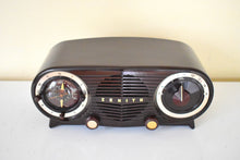 Load image into Gallery viewer, Espresso Brown Bakelite 1954 Zenith Owl Eyes Model L515 AM Vacuum Tube Radio Very Good Condition! Great Sounding!