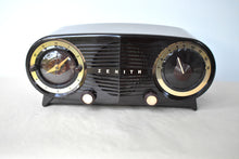 Load image into Gallery viewer, Espresso Brown Bakelite 1954 Zenith Owl Eyes Model L515 AM Vacuum Tube Radio Excellent Condition! Great Sounding!
