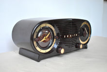 Load image into Gallery viewer, Espresso Brown Bakelite 1954 Zenith Owl Eyes Model L515 AM Vacuum Tube Radio Excellent Condition! Great Sounding!