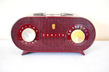 Load image into Gallery viewer, Oxblood Burgundy 1954 Zenith Model M510R Vacuum Tube AM Radio Oval Owl Eyes! Excellent Condition! Sounds Great!