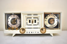 Load image into Gallery viewer, Snow White Mid Century Vintage 1956 Zenith R519W AM Vacuum Tube Clock Radio Works Great and Excellent Condition!