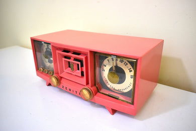 Sabrina Pink Coral Mid Century Vintage 1955 Zenith T522V AM Vacuum Tube Calendar Clock Radio Works Great Very Good Condition!