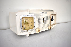 Vanilla Ivory Mid Century 1955 Zenith Model Z-515W Vacuum Tube AM Clock Radio Beauty Sounds Fantastic!
