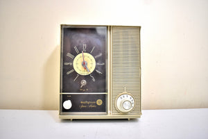 Bluetooth Ready To Go - "The Space Maker" Sand Beige Vintage 1965 Westinghouse H-211L5 AM Vacuum Tube Alarm Clock Radio Sounds Great! Always On Clock Light Works!