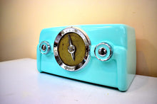 Load image into Gallery viewer, Robin Egg Turquoise Crosley 1951 Model 11-125GN AM Vacuum Tube Clock Radio Quality Construction Sounds Great!