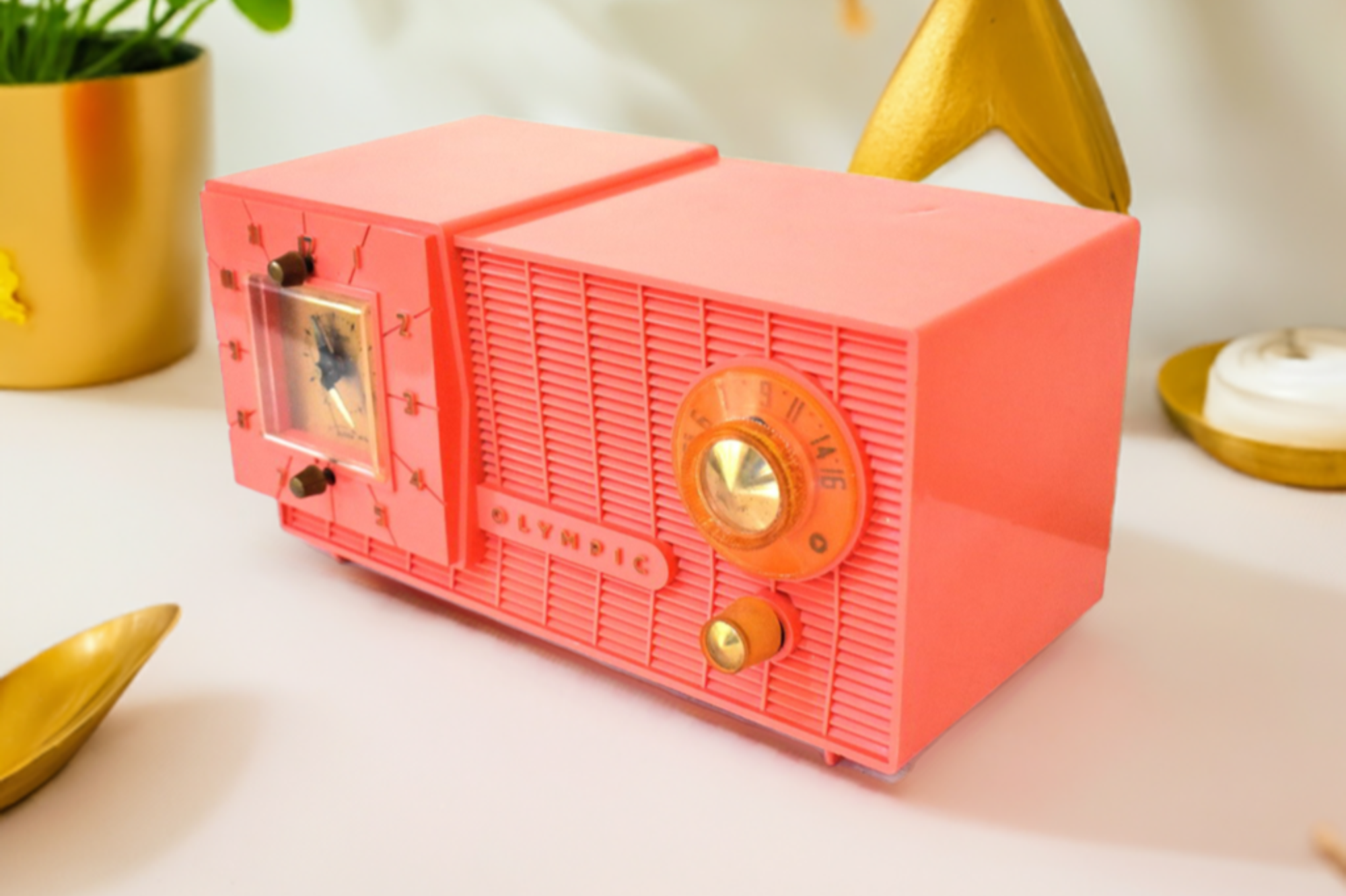 Watermelon Pink 1957 Olympic Model 409 AM ALARM Clock Radio Rare Manufacturer Excellent Condition and Sounds Great!