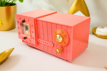 Load image into Gallery viewer, Watermelon Pink 1957 Olympic Model 409 AM ALARM Clock Radio Rare Manufacturer Excellent Condition and Sounds Great!